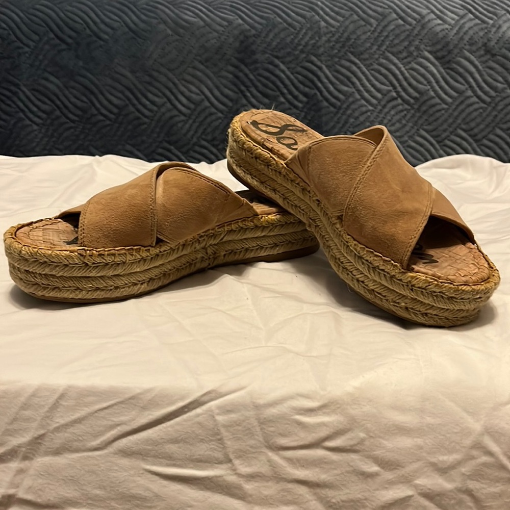 Tan slip on wedge sandals